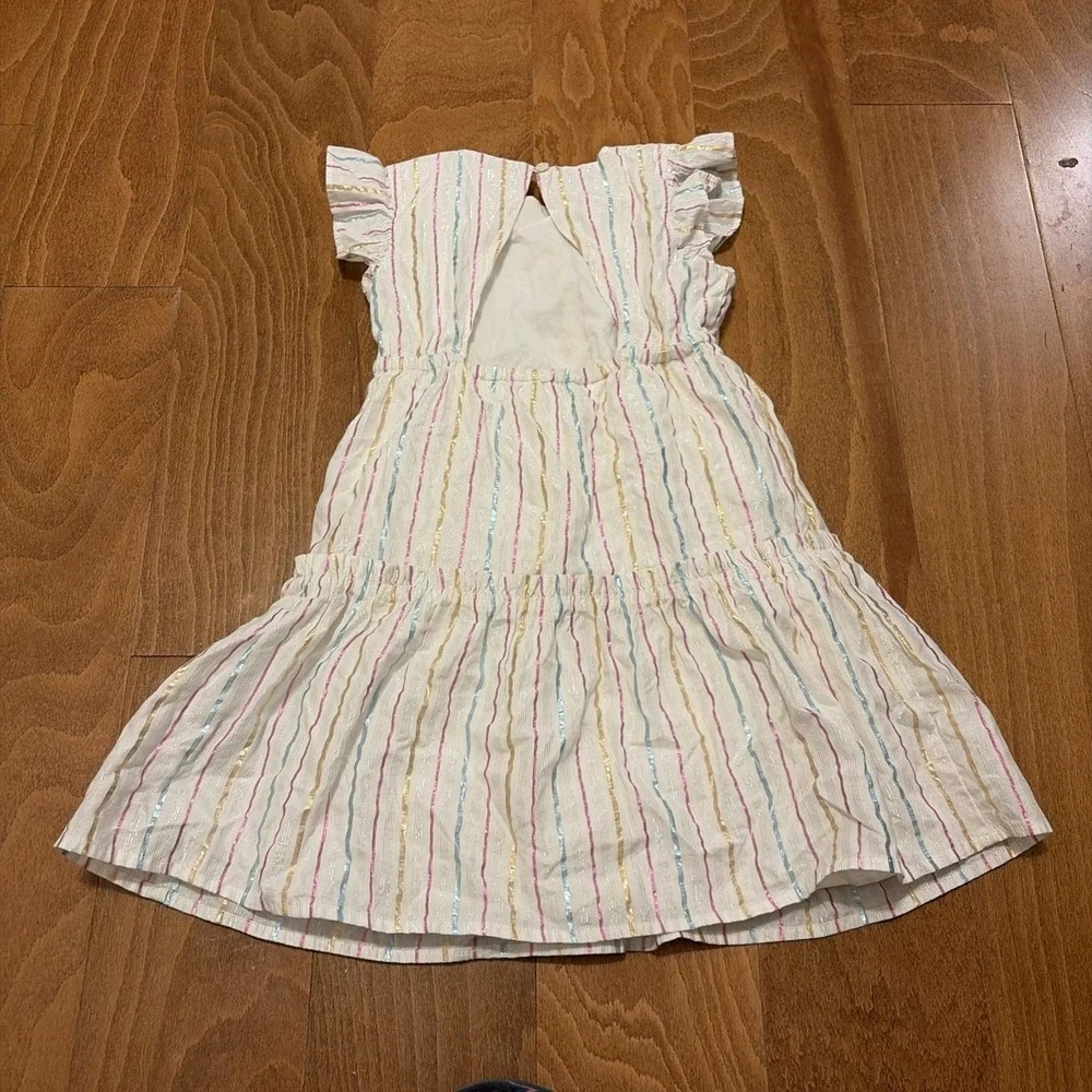 Crewcuts Girls Metallic Pink Blue Gold Stripe Size 5 Party Dress Flutter Sleeve